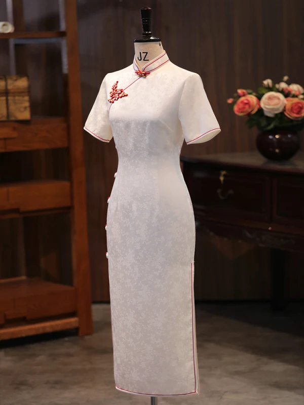 Chinese style White Silk Printing Evening Party Cheongsam 2024 Trumpet / Mermaid High Neck Short Sleeve Tea-length