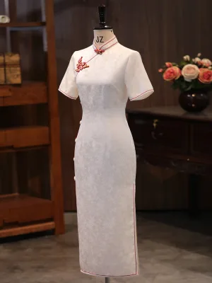 Vintage Retro White Silk Tea Length Split Front Cheongsam 2026 Trumpet Mermaid High Neck Short Sleeve