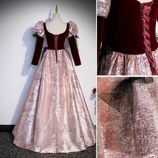Elegant Sequins Burgundy Velour Prom Dresses 2023 Ball Gown Square Neckline 3/4 Sleeve Bow Backless Floor-Length / Long Prom Formal Dresses