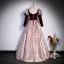 Elegant Burgundy Glitter Prom Dresses 2023 A-Line / Princess V-Neck Bow 3/4 Sleeve Backless Floor-Length / Long Prom Formal Dresses