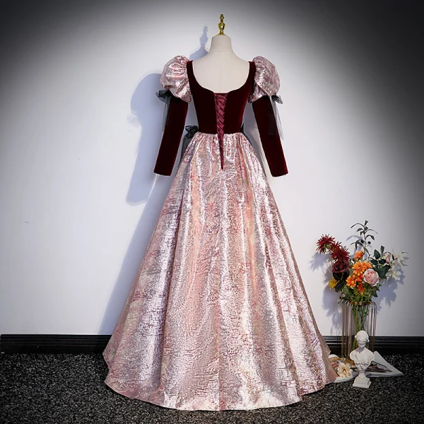 Elegant Sequins Burgundy Velour Prom Dresses 2023 Ball Gown Square Neckline 3/4 Sleeve Bow Backless Floor-Length / Long Prom Formal Dresses