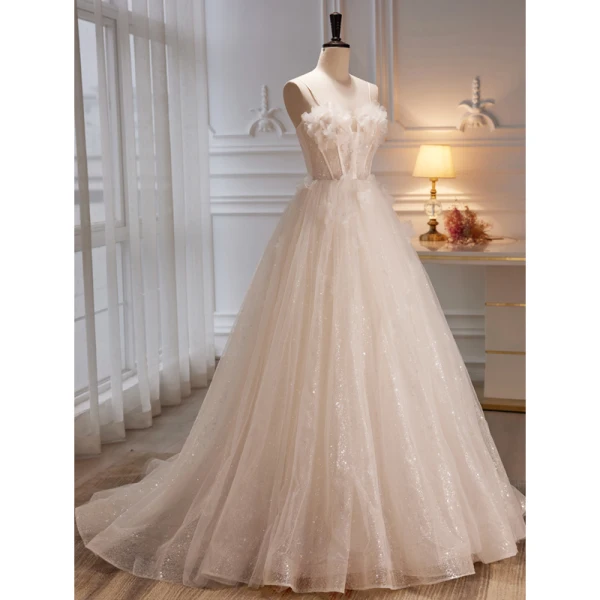 Modern / Fashion White Pearl Appliques Sequins Prom Dresses 2023 A-Line / Princess Spaghetti Straps Sleeveless Backless Floor-Length / Long Prom Formal Dresses