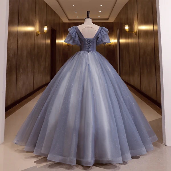 Elegante Himmelblau Perlenstickerei Perle Pailletten Ballkleider 2022 Ballkleid Rundhalsausschnitt Geschwollenes Kurze Ärmel Rückenfreies Lange Festliche Kleider