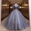 Elegante Himmelblau Perlenstickerei Perle Pailletten Ballkleider 2022 Ballkleid Rundhalsausschnitt Geschwollenes Kurze Ärmel Rückenfreies Lange Festliche Kleider