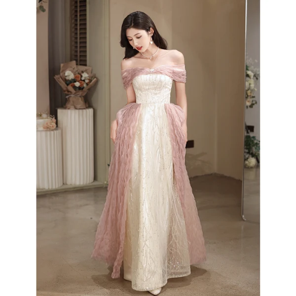 Mode Rougissant Rose Perle Paillettes Robe De Bal 2023 Princesse De l'épaule Sans Manches Dos Nu Longue Promo Robe De Ceremonie