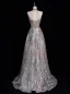 Glitzernden Perlenstickerei Pailletten Champagner Ballkleider 2024 A Linie Stehkragen Festliche Kleider Kurze Ärmel Sweep / Pinsel Zug