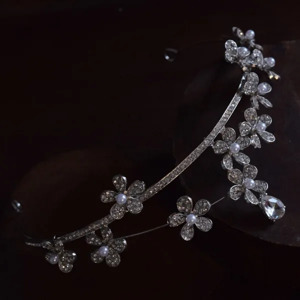 Modest / Simple Silver Pearl Rhinestone Alloy Earrings Tiara Wedding Bridal Hair Accessories 2025