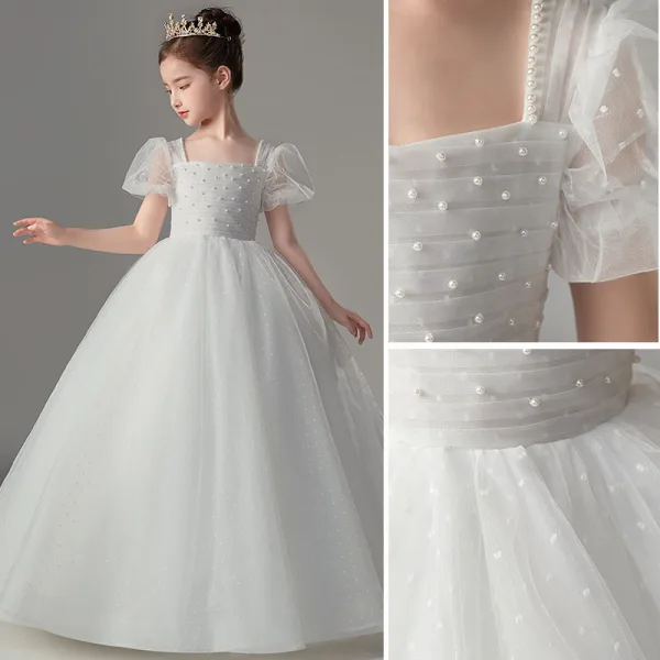 Chic / Beautiful White Pearl Wedding Flower Girl Dresses 2022 Ball Gown Square Neckline Puffy Short Sleeve Backless Floor-Length / Long Flower Girl Dresses