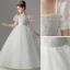 Chic / Beautiful White Pearl Wedding Flower Girl Dresses 2022 Ball Gown Square Neckline Puffy Short Sleeve Backless Floor-Length / Long Flower Girl Dresses