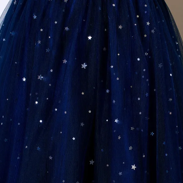 Vintage / Retro Navy Blue Star Sequins Floor-Length / Long Mother Of The Bride Dresses 2025 A-Line / Princess Square Neckline Short Sleeve Backless