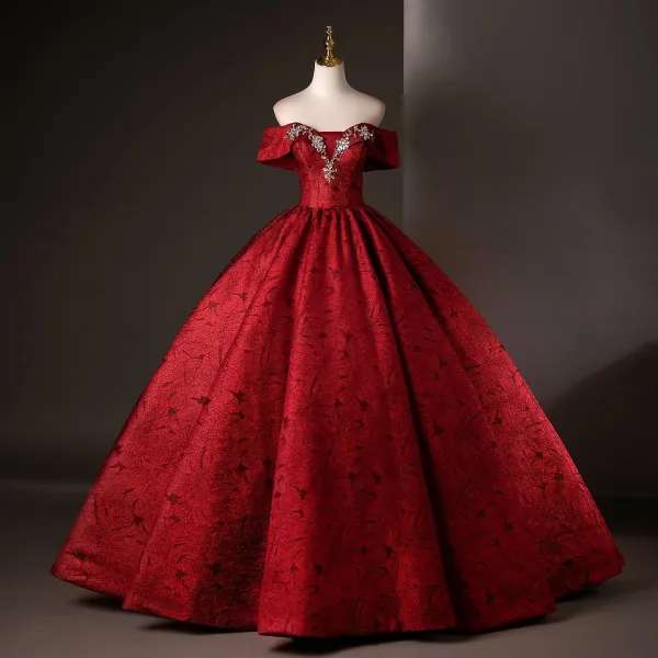 Vintage / Retro Burgundy Rhinestone Prom Dresses 2025 Ball Gown Off-The-Shoulder Short Sleeve Backless Floor-Length / Long Formal Dresses