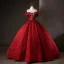 Vintage / Retro Burgundy Rhinestone Prom Dresses 2025 Ball Gown Off-The-Shoulder Short Sleeve Backless Floor-Length / Long Formal Dresses