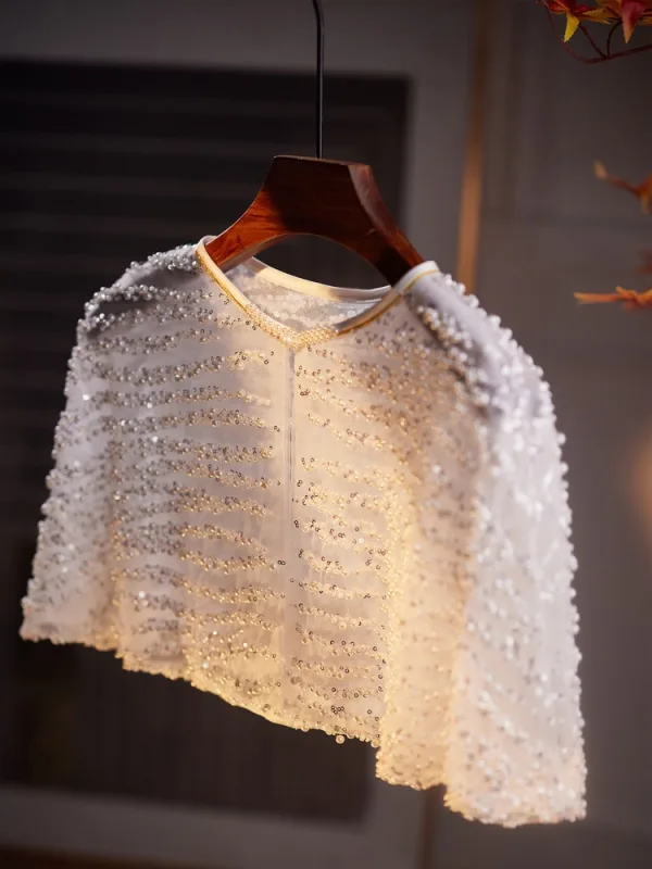 Elegant Hvit Håndlaget Beading Perle Paljetter Ball sjal 2025