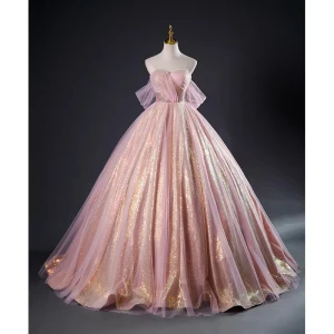 Chic Belle Rougissant Rose Glitter Paillettes Robe De Bal 2023 Robe Boule Bustier Sans Manches Dos Nu Longue Promo Robe De Ceremonie