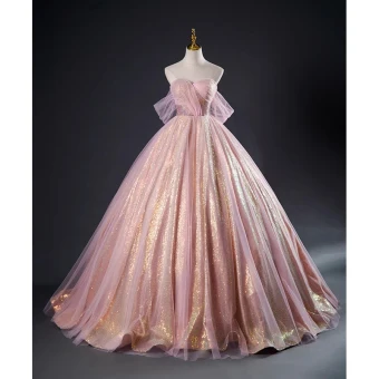 Chic Belle Rougissant Rose Glitter Paillettes Robe De Bal 2023 Robe Boule Bustier Sans Manches Dos Nu Longue Promo Robe De Ceremonie