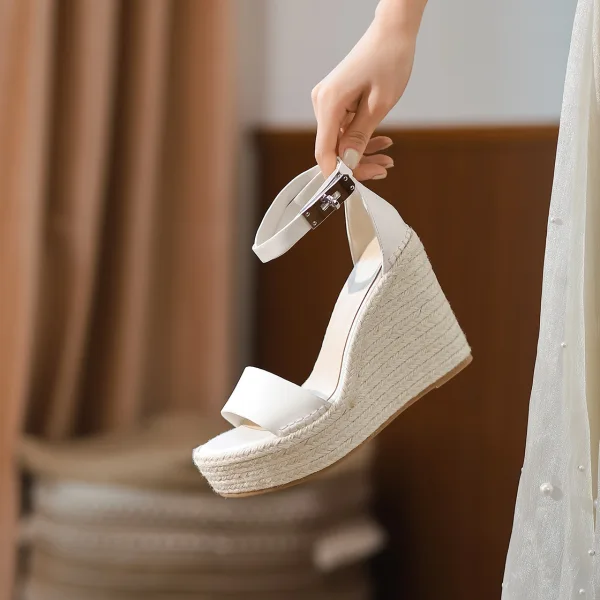 Chic / Beautiful Orange Street Wear Braid Womens Sandals 2022 Ankle Strap 12 cm Wedges Open / Peep Toe Sandals High Heels