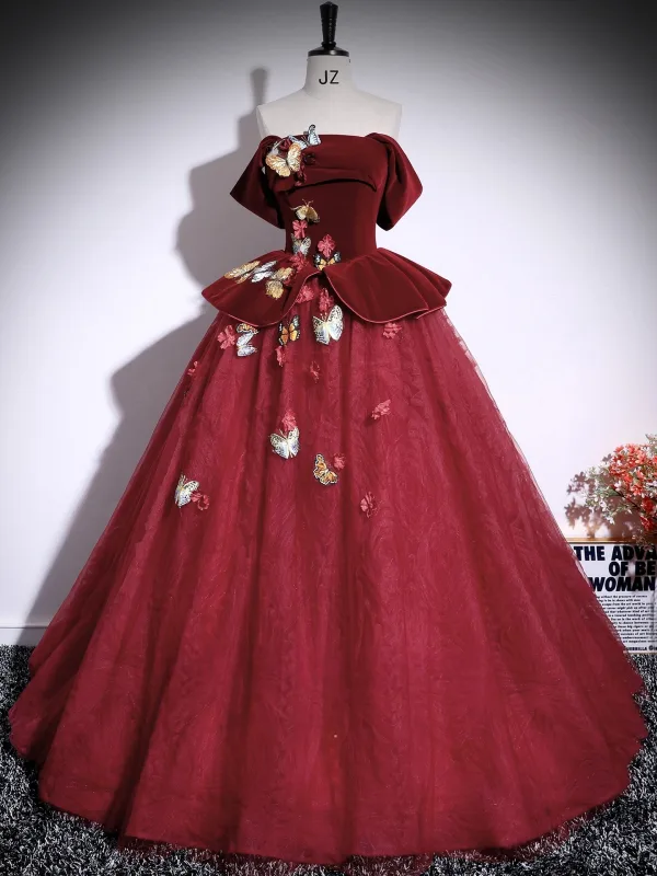 Vintage / Retro Burgundy Lace Butterfly Appliques Prom Dresses 2025 Ball Gown Off-The-Shoulder Short Sleeve Backless Floor-Length / Long Formal Dresses