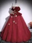 Vintage / Retro Burgundy Lace Butterfly Appliques Prom Dresses 2025 Ball Gown Off-The-Shoulder Short Sleeve Backless Floor-Length / Long Formal Dresses