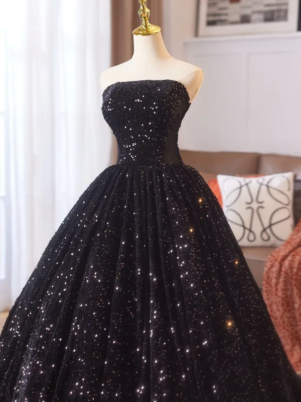 Sexy Black Sequins Prom Dresses 2025 Ball Gown Strapless Sleeveless Backless Floor-Length / Long Formal Dresses
