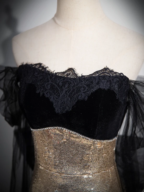 Sparkly Black Gold Sequins Lace Flower Prom Dresses 2024 Trumpet / Mermaid Off-The-Shoulder Short Sleeve Backless Bow Floor-Length / Long Prom Formal Dresses