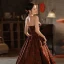 Vintage / Retro Burgundy Printing Prom Dresses 2023 Ball Gown Strapless Sleeveless Backless Floor-Length / Long Prom Formal Dresses