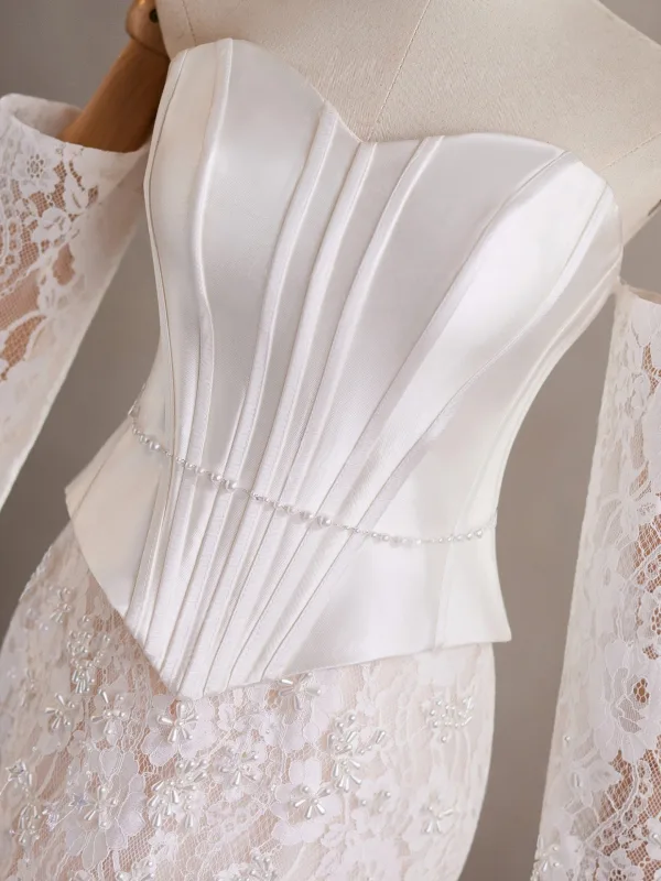 Élégant Blanche Perle En Dentelle Fleur Robe De Mariée 2026 Trompette / Sirène De l'épaule Manches Longues Dos Nu Train De Balayage