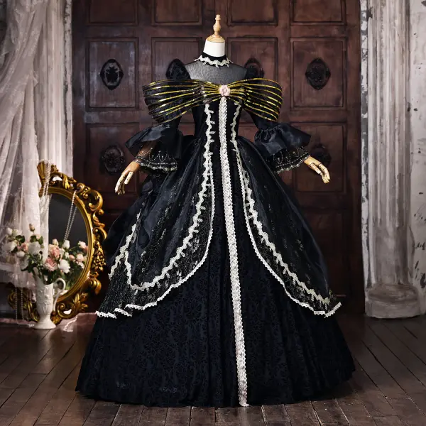 Vintage / Originale Médiévale Noire Paillettes En Dentelle Fleur Robe De Bal 2026 Robe Boule Col Haut Manches de cloche Dos Nu Longue Robe De Ceremonie