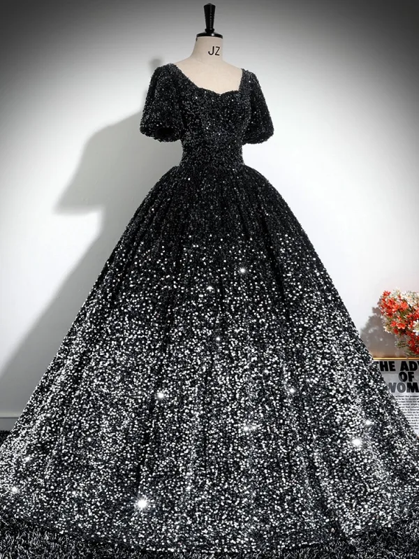 Glitzernden Schwarz Pailletten Ballkleid Ballkleider 2024 Eckiger Ausschnitt Kurze Ärmel Rückenfreies Lange Ball Festliche Kleider