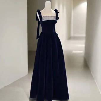 Vintage Retro Navy Blue Suede Evening Dresses 2023 A Line Princess Spaghetti Straps Sleeveless Backless Floor Length Long Evening Party Formal Dresses