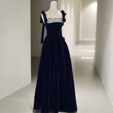 Vintage Originale Bleu Marine Daim Robe De Soirée 2023 Princesse Bretelles Spaghetti Sans Manches Dos Nu Longue Soirée Robe De Ceremonie