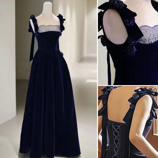 Elegant Navy Blue Suede Evening Dresses 2022 A-Line / Princess Spaghetti Straps Sleeveless Backless Bow Floor-Length / Long Evening Party Formal Dresses