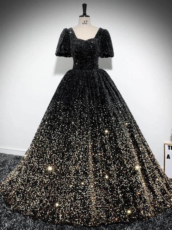 Glitzernden Schwarz Pailletten Ballkleider 2024 Ballkleid Eckiger Ausschnitt Kurze Ärmel Rückenfreies Lange Ball Festliche Kleider