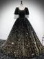 Glitzernden Schwarz Pailletten Ballkleider 2024 Ballkleid Eckiger Ausschnitt Kurze Ärmel Rückenfreies Lange Ball Festliche Kleider