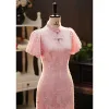 Sparkly Blushing Pink Sequins Evening Party Cheongsam 2024 Trumpet / Mermaid High Neck Short Sleeve Tea-length