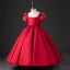 Chic / Beautiful Red Satin Birthday Flower Girl Dresses 2024 Pearl Scoop Neck Short Sleeve Bow Backless Floor-Length / Long