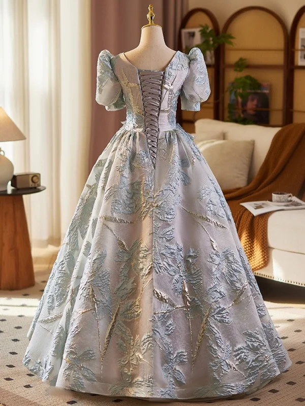 Elegant Grey Beading Sequins Lace Flower Prom Dresses 2025 Ball Gown V-Neck Short Sleeve Floor-Length / Long Prom Formal Dresses
