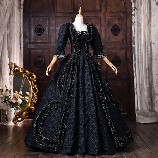 Vintage / Retro Medieval Black Halloween Printing Prom Dresses 2026 Ball Gown Square Neckline Bell sleeves Floor-Length / Long Formal Dresses