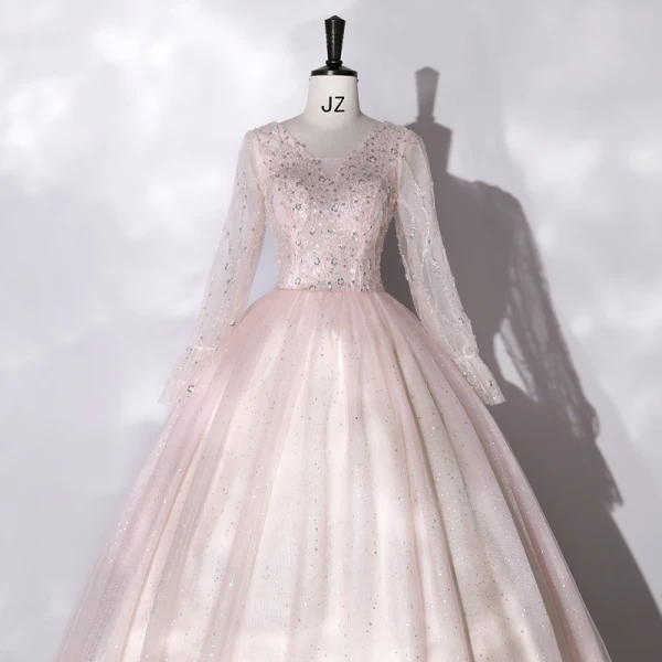 Chic / Belle Rougissant Rose Paillettes Robe De Bal 2022 Robe Boule V-Cou Manches Longues Dos Nu Longue Robe De Ceremonie