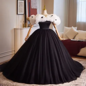 Vintage Retro Black Prom Dresses 2025 Ball Gown Ruffle Off The Shoulder Short Sleeve Backless Floor Length Long Formal Dresses