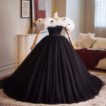 Vintage Originale Noire Robe De Bal 2025 Robe Boule Volants De L Épaule Manches Courtes Dos Nu Longue Robe De Ceremonie
