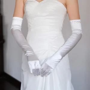 Vintage Retro Modest Simple Ivory Rhinestone Satin Wedding Bridal Gloves 2025