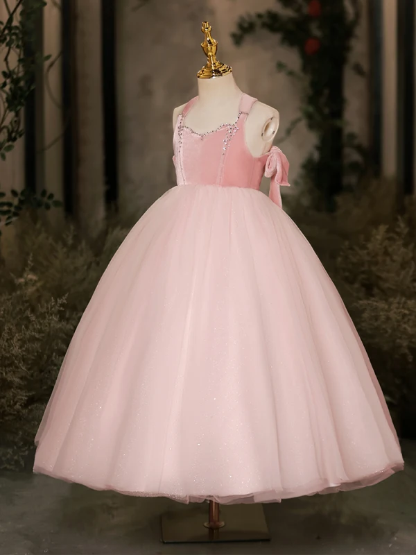 Lovely Candy Pink Rhinestone Glitter Birthday Flower Girl Dresses 2024 Ball Gown Square Neckline Sleeveless Backless Tea-length