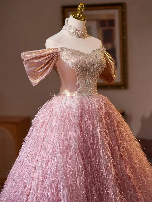 Charming Blushing Pink Beading Rhinestone Lace Flower Tassel Prom Dresses 2025 Ball Gown Off-The-Shoulder Short Sleeve Backless Floor-Length / Long Prom Formal Dresses