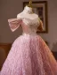 Charming Blushing Pink Beading Rhinestone Lace Flower Tassel Prom Dresses 2025 Ball Gown Off-The-Shoulder Short Sleeve Backless Floor-Length / Long Prom Formal Dresses