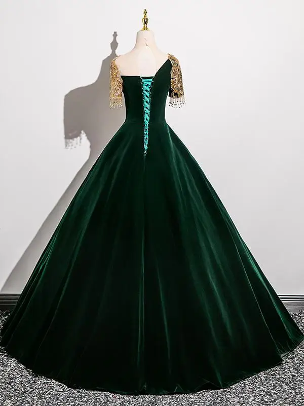 Elegant Dark Green Beading Lace Flower Velvet Prom Dresses 2025 Ball Gown Scoop Neck Short Sleeve Backless Floor-Length / Long Prom Formal Dresses