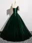 Elegant Dark Green Beading Lace Flower Velvet Prom Dresses 2025 Ball Gown Scoop Neck Short Sleeve Backless Floor-Length / Long Prom Formal Dresses