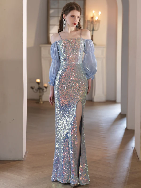 Scintillantes Bleu Ciel Paillettes Robe De Soirée 2023 Trompette / Sirène Bretelles Spaghetti 3/4 Manches Dos Nu Fendue devant Longue Soirée Robe De Ceremonie