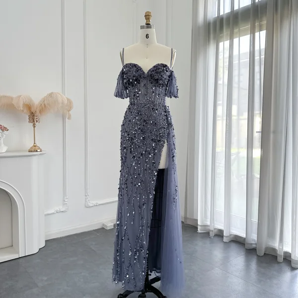 Haut de Gamme Sexy Rougissant Rose Fait main Perlage Paillettes Fendue devant Robe De Bal 2024 Trompette / Sirène Bretelles Spaghetti Manches Courtes Dos Nu Longue Promo