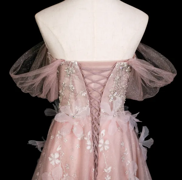Wróżka Kwiatowa Rumieniąc Różowy Cekinami Rhinestone Perła Aplikacje Sukienki Na Bal 2025 Princessa Przy Ramieniu Kótkie Rękawy Bez Pleców Długie Sukienki Wizytowe