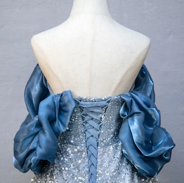 Chic / Belle Bleu Ciel Perlage Paillettes Robe De Bal 2025 Robe Boule Volants De l'épaule Manches Courtes Dos Nu Longue Promo Robe De Ceremonie